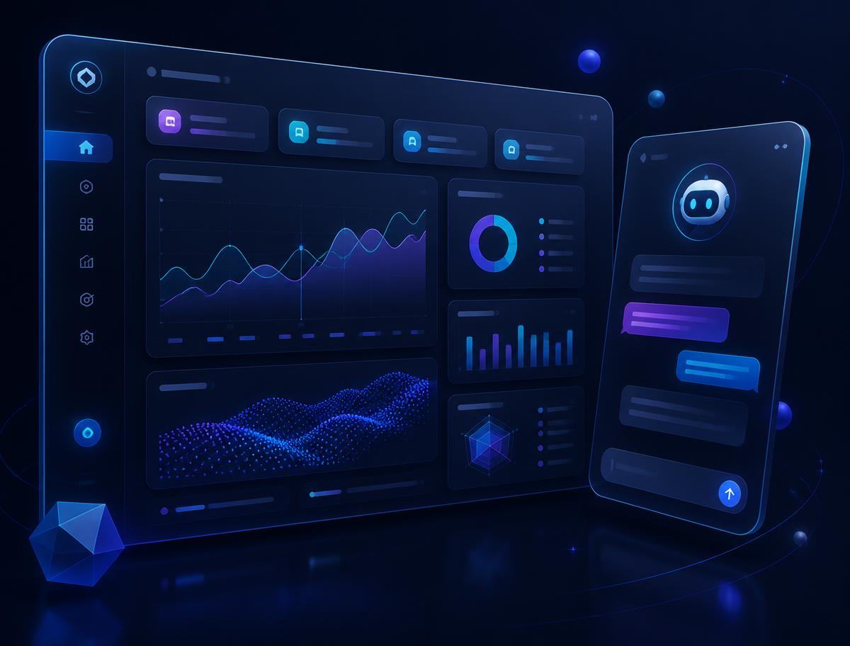 Dark AI SaaS dashboard with analytics charts and an assistant chat panel