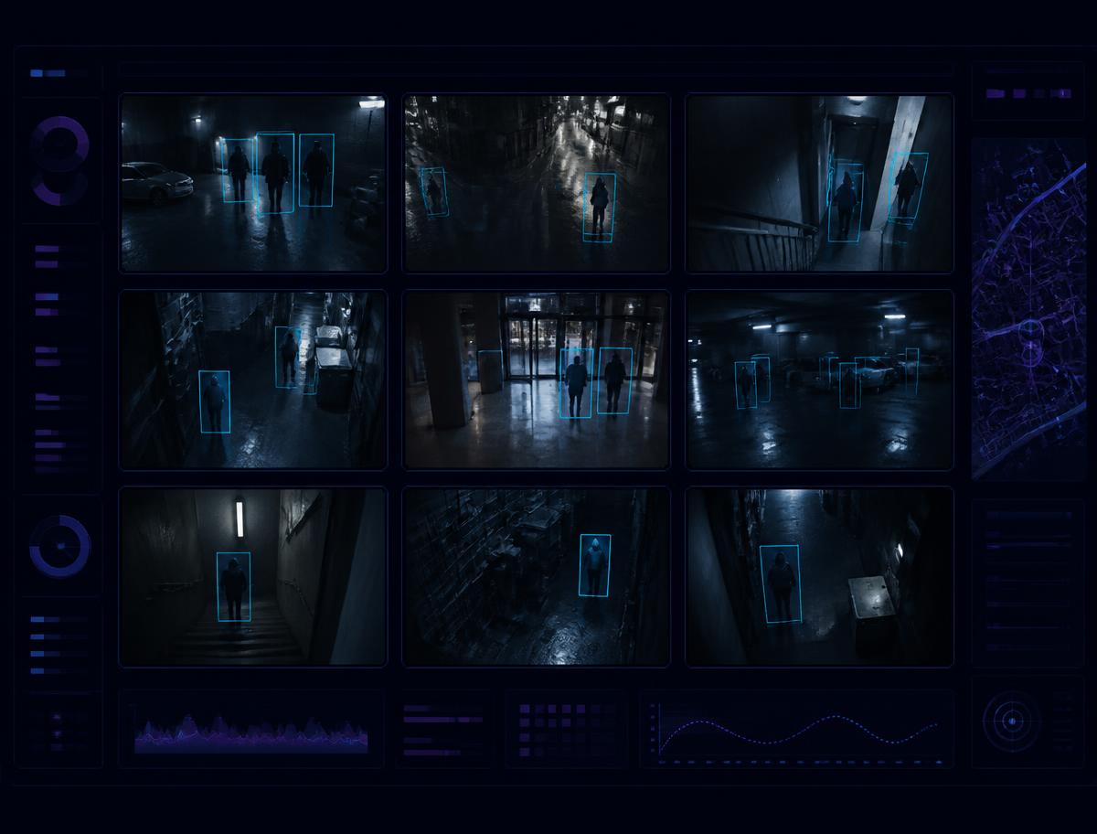 Multi-camera CCTV monitoring wall with AI detection boxes around people